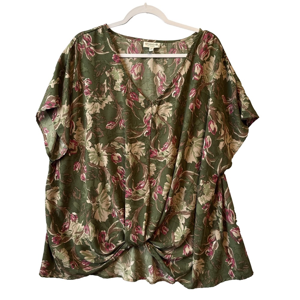 Bobeau Studio B Green Pink Floral Twist Knot V Neck Blouse Plus 2X Cottage Boho